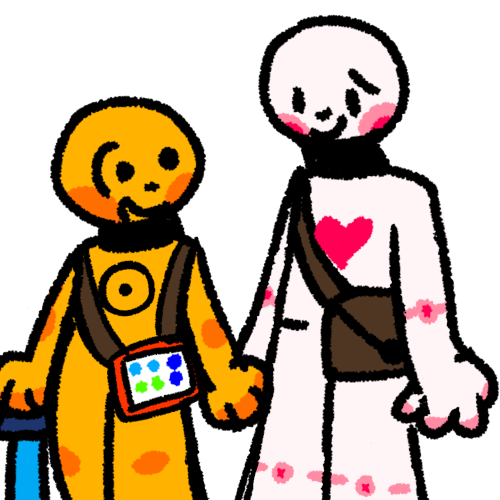 a yellow person with the disability sun on their chest holding the hand of a taller white person with a pink heart on their chest. The yellow person has an aac device strapped on while the Caregiver has a brown bag. The yellow person also has a blue cane